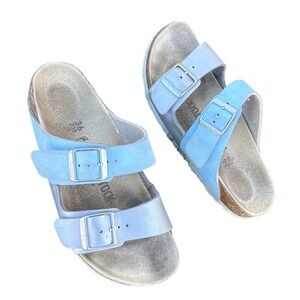 Birkenstock Arizona Split Women's Birko-Flor Sandals Size 5 Light Blue Silver